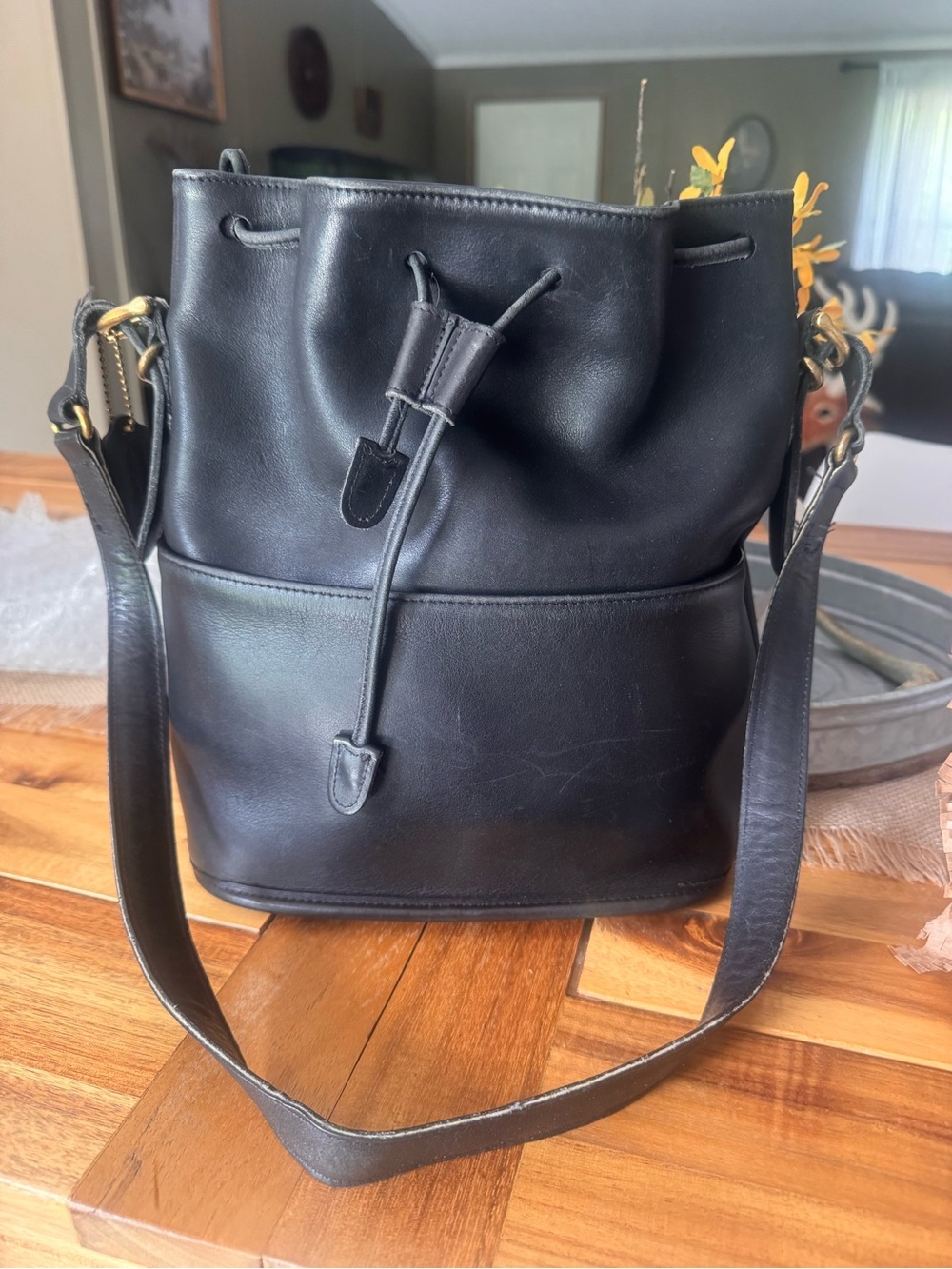 Vintage Coach equestrian Leather Drawstring Bucket Bag